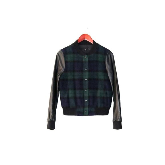Joe's Jeans Women's Small Black Green Varsity Jacket Plaid Leather Moto Bomber - Picture 1 of 9